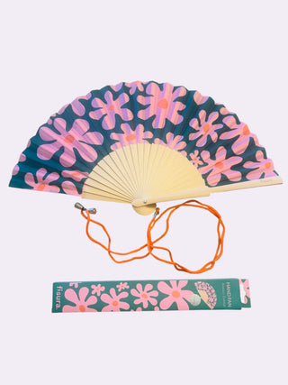 Sommer Fächer rosa Blumen mit Kordel 41cmx21cm